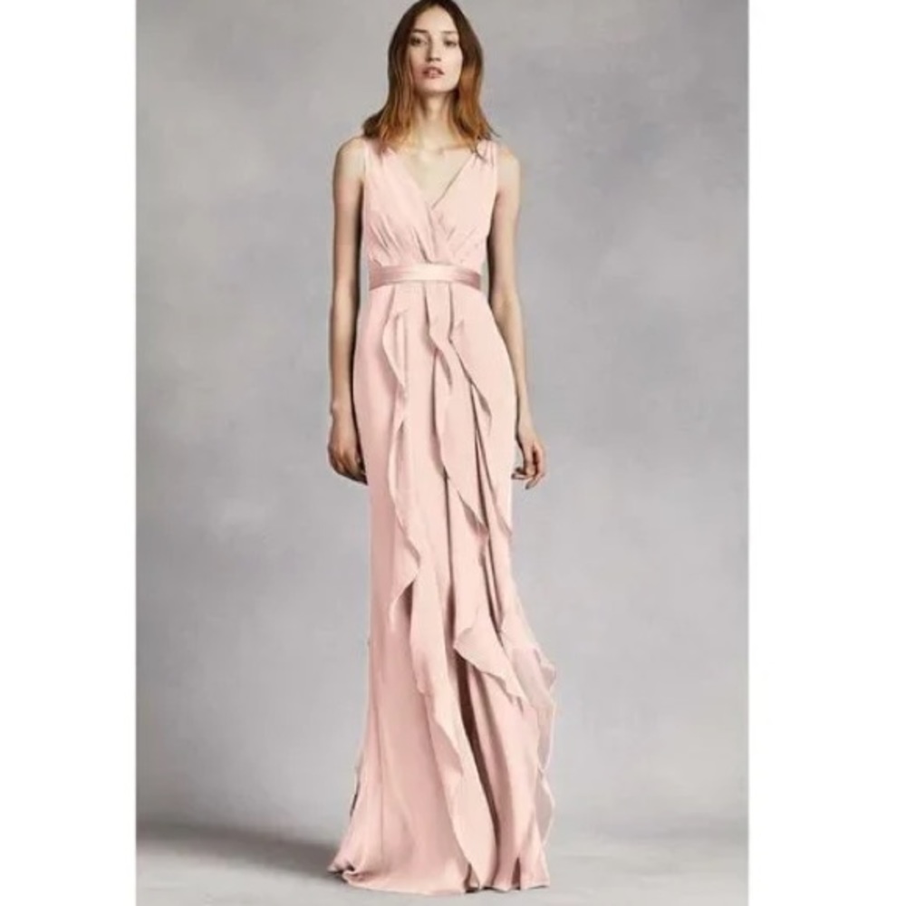 White by Vera Wang Blush Pink V-Neck Ruffle Gown with Satin Belt (Sz 4)